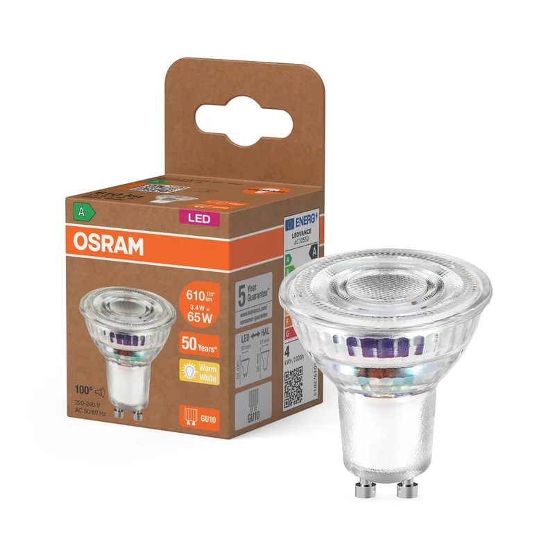 OSRAM Classe Energetica Lampada LED Riflettore, 3.3W, 600lm, GU10, Bianco Caldo, GU10