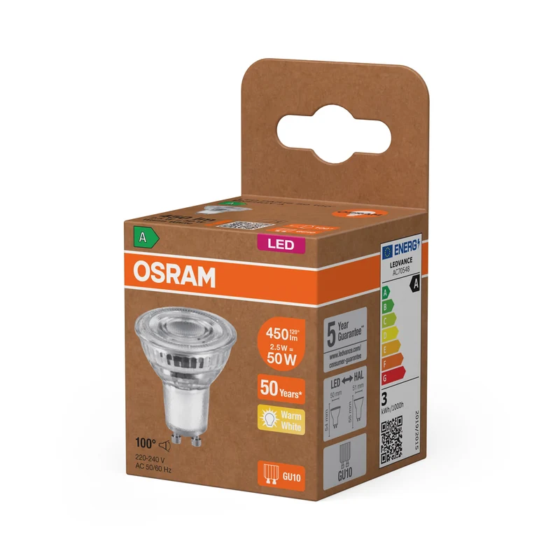 OSRAM Classe Energetica Lampada LED Riflettore, 2.5W, 450lm, GU10, Bianco Caldo, GU10