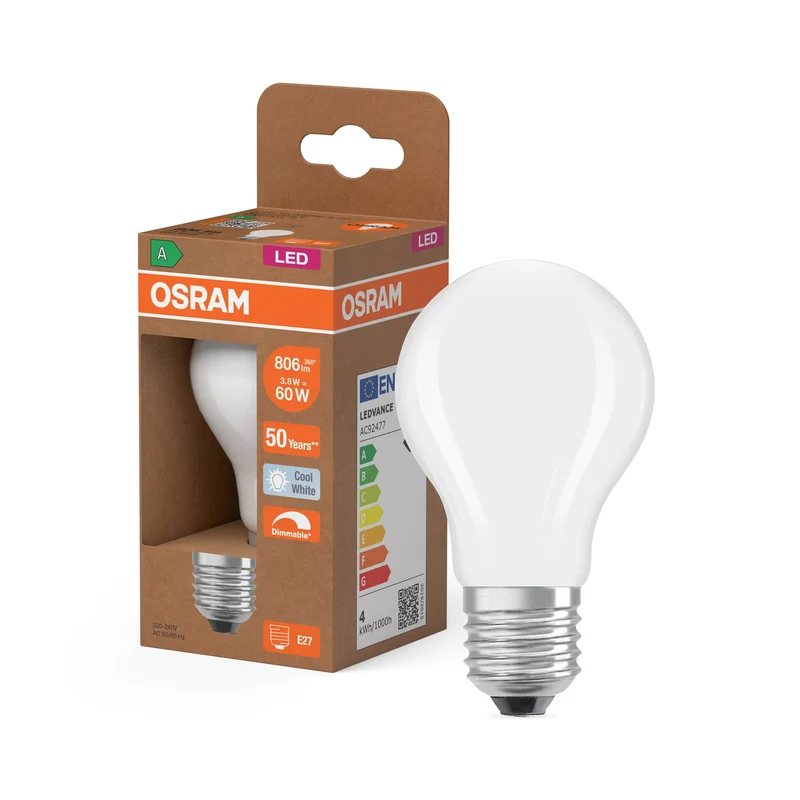 OSRAM Lampada LED Classe Energetica, forma a bulbo, 3.8W, satinata, E27, bianco freddo