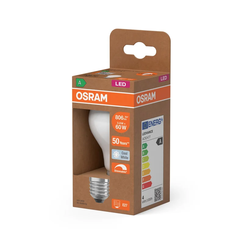 OSRAM Lampada LED Classe Energetica, forma a bulbo, 3.8W, satinata, E27, bianco freddo