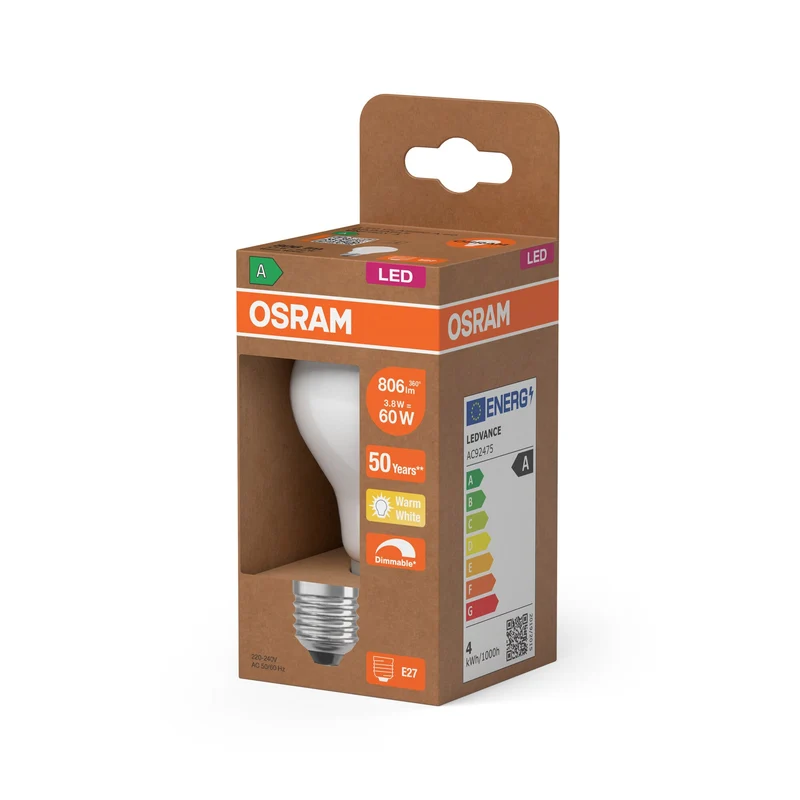 OSRAM Classe Energetica Lampadina LED, 3.8W, 806lm, Opalina, E27, Bianco Caldo
