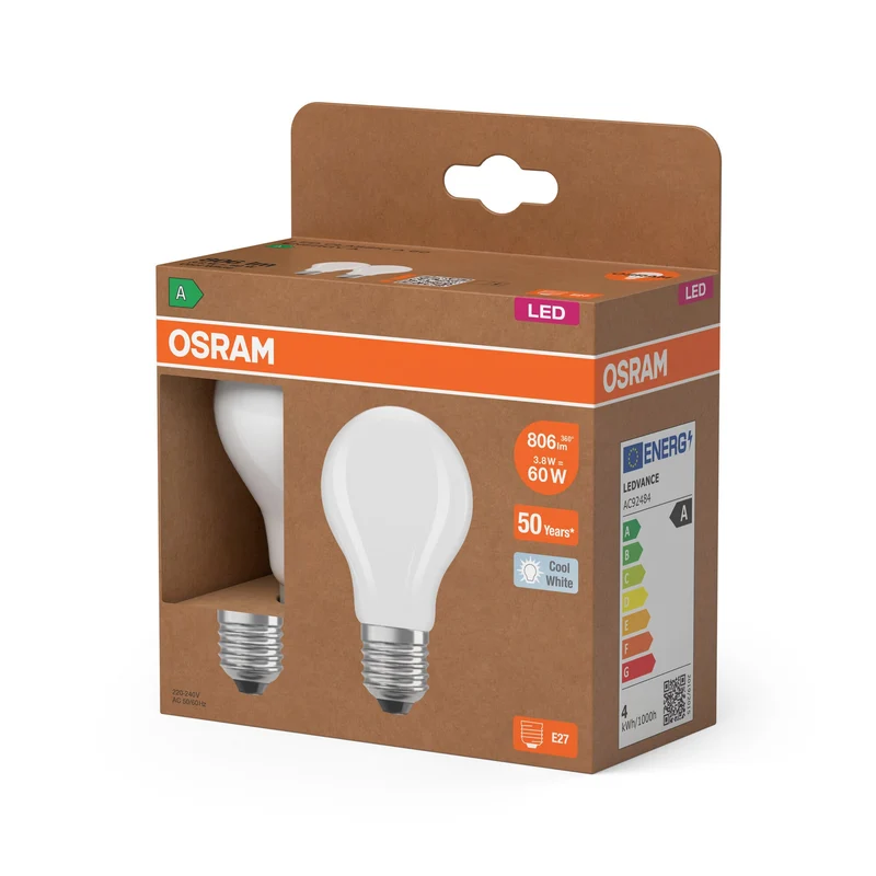 OSRAM Lampadina LED Classe Energetica, Bulbo, 3.8W, Opalina, Classe Energetica A, Bianco Freddo, E27