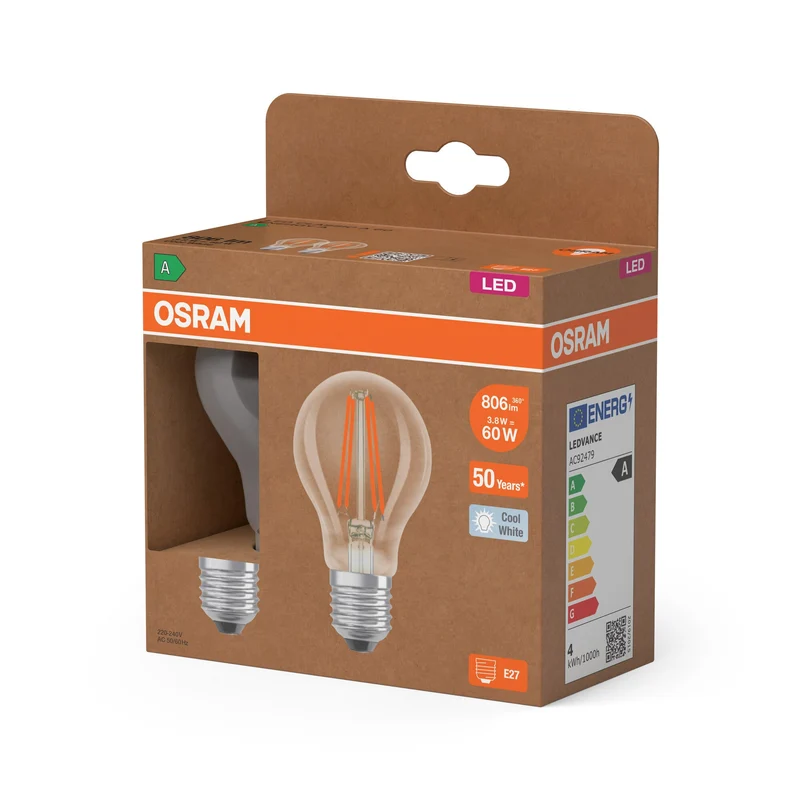 OSRAM Lampadina LED Classe Energetica, Forma a Bulbo, 3.8W, Chiara, EEK A, Bianco Freddo, E27