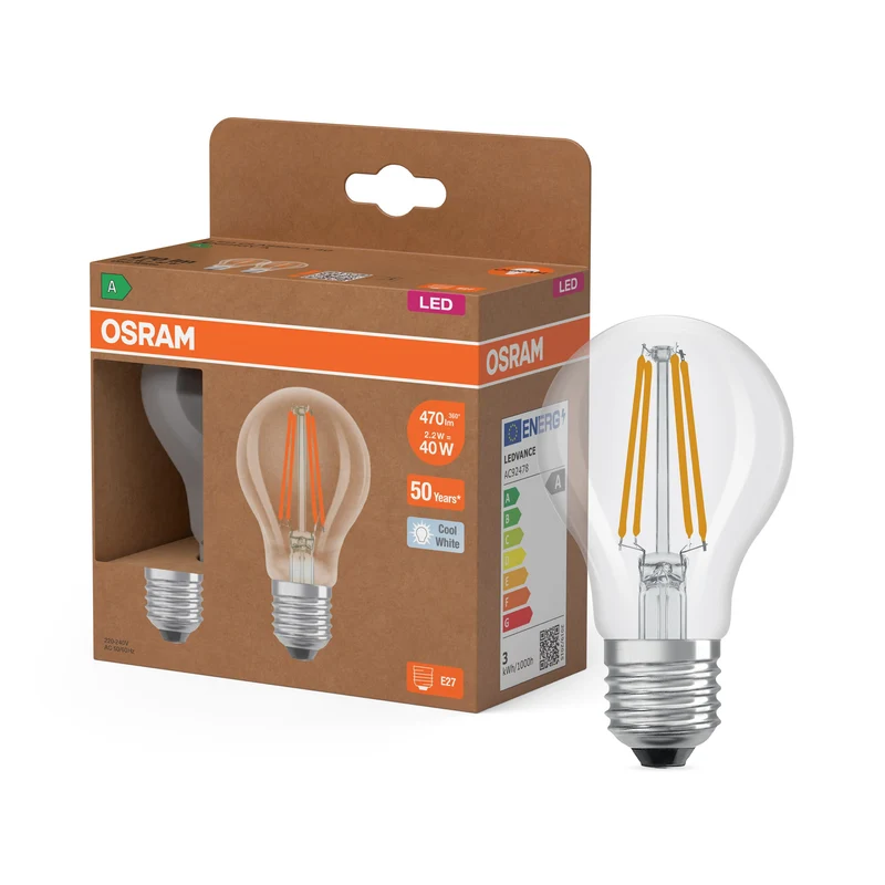 OSRAM Lampadina LED Classe Energetica, 2.2W, Chiara, EEK A, Bianco Freddo Confezione da 2, Bianco Freddo, E27