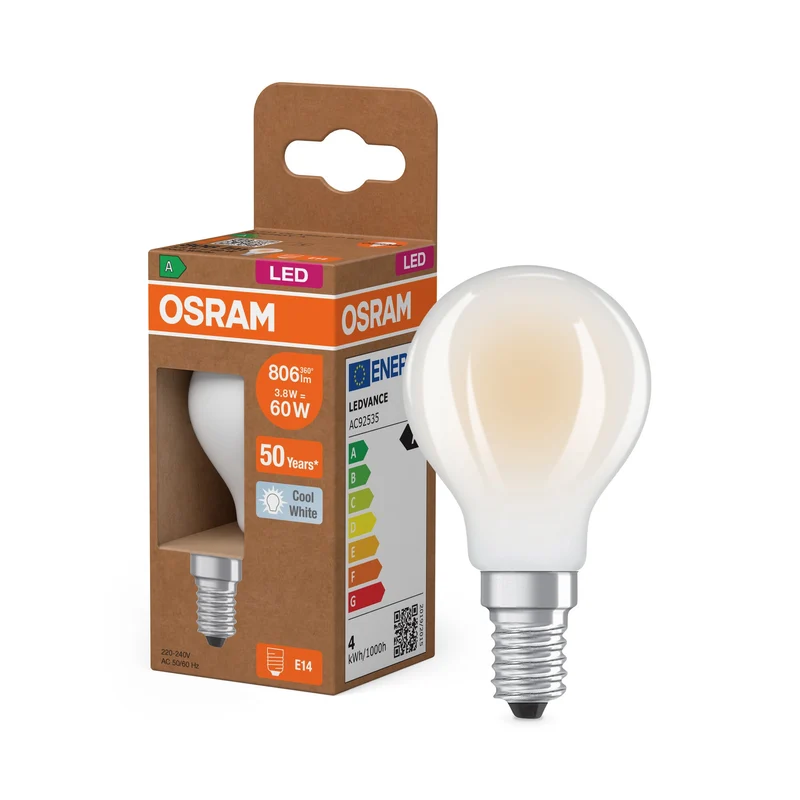 OSRAM Lampadina LED Classe Energetica, 3.8W, Opaca, A, 806lm, Bianco Freddo, E14
