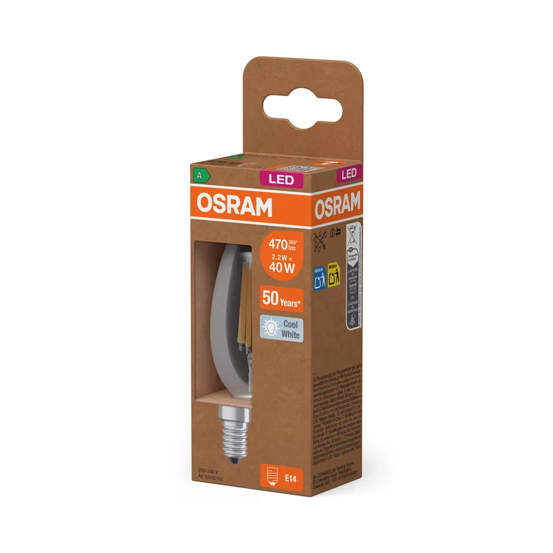 OSRAM Classe Energetica Lampadina LED, Candela Piccola, 2.2W, Chiaro, EEK A, Bianco Freddo, E14