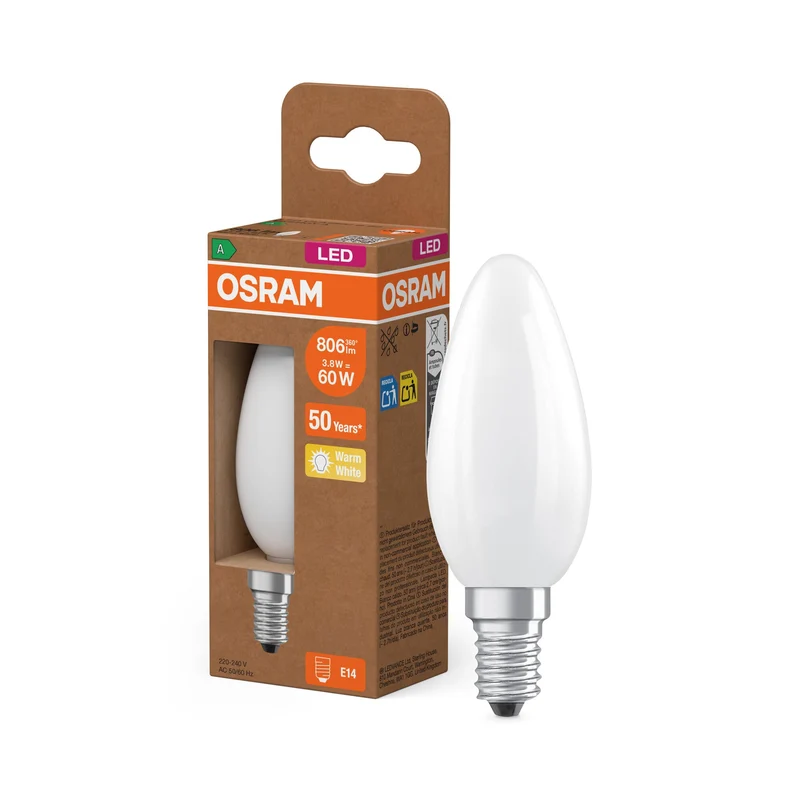 OSRAM Lampadina LED Classe Energetica, Candela, 3.8W, Opalina, EEK A, Bianco Caldo, E14