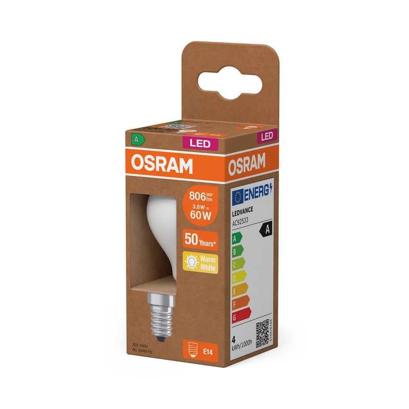 OSRAM Lampada LED Classe Energetica, Miniball, 3.8W, Opalina, EEK A, Bianco Caldo, E14