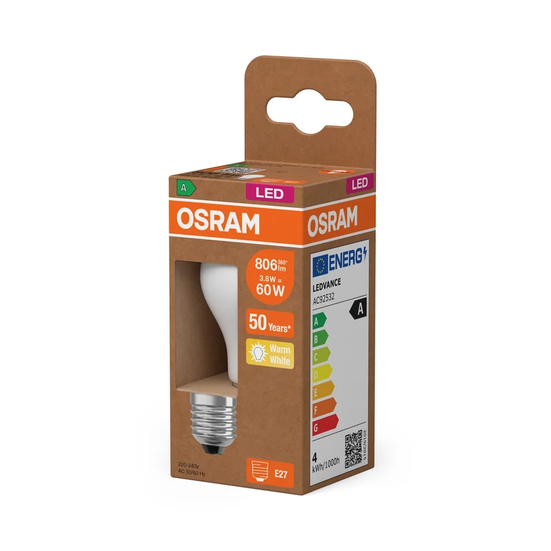 OSRAM Lampada LED Classe Energetica, 3.8W, Opalina, EEK A, E27, Bianco Caldo