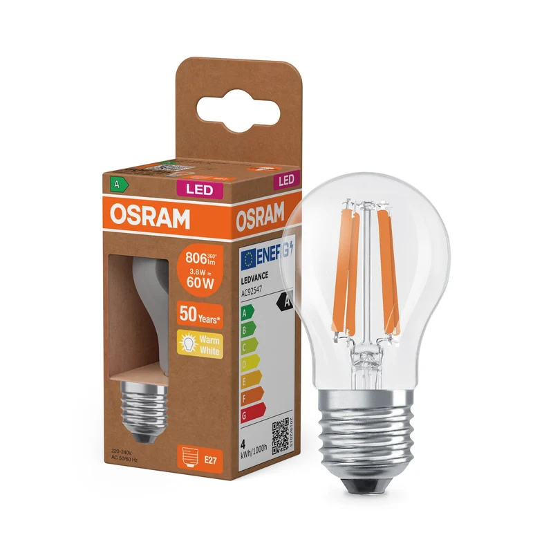 OSRAM Lampadina LED Classe Energetica, 3.8W, Chiara, EEK A, 806lm, E27, Bianco Caldo