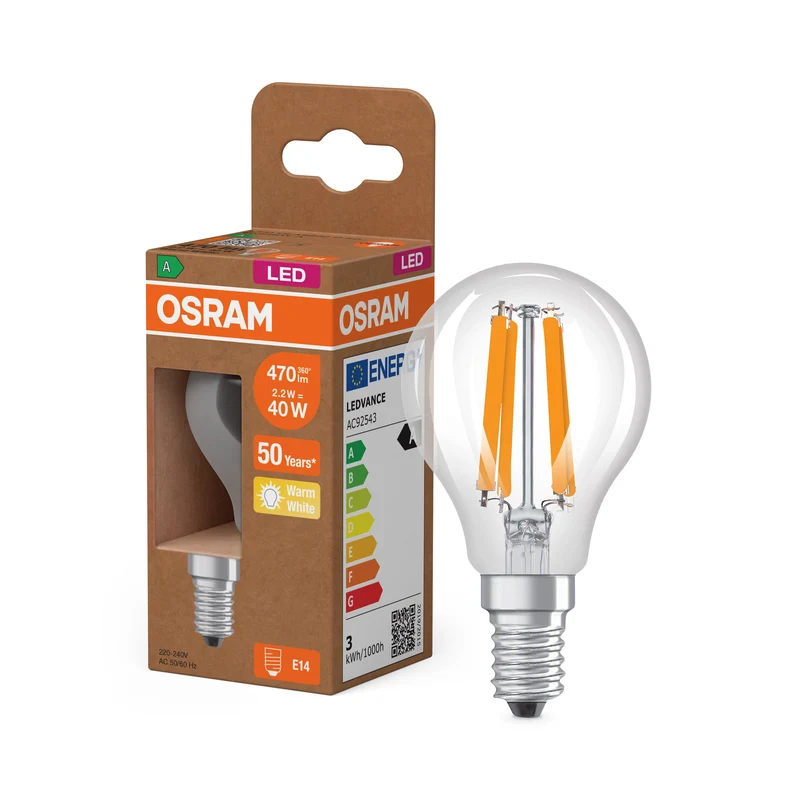 OSRAM Lampadina LED Classe Energetica, 2.2W, Chiara, EEK A, 470lm, E14, Bianco Caldo