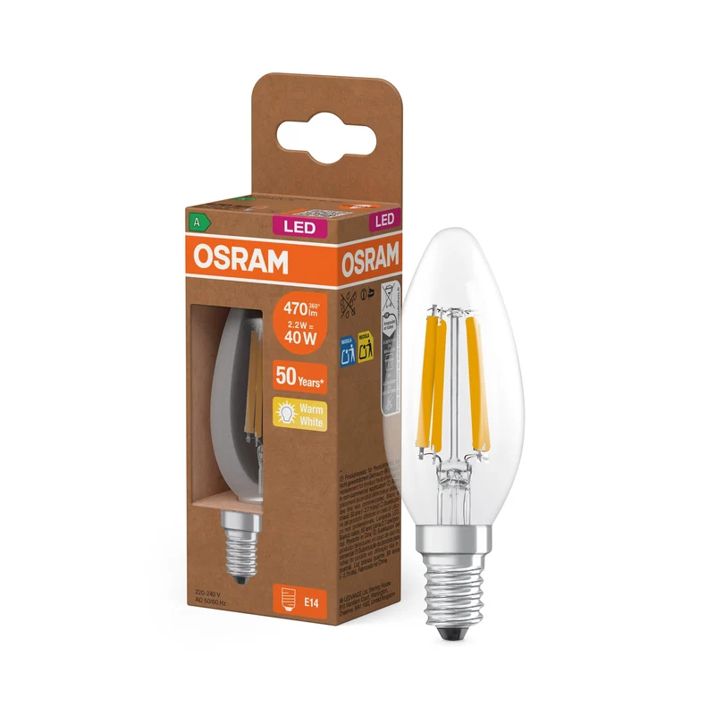 OSRAM LED Superstar Classic Lampada Chiara, 2.2W, 470lm, EEK A, Bianco Caldo, E14