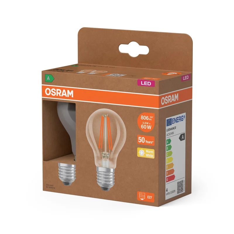 OSRAM LED Superstar Classic Lampada Chiara, 3.8W, 806lm, E27, Bianco Caldo Confezione da 2