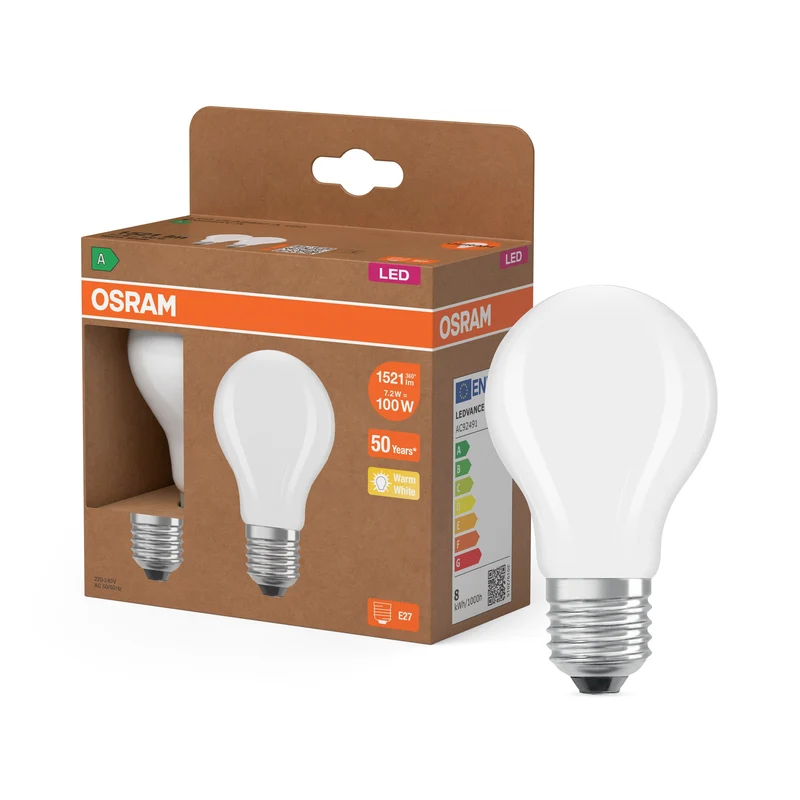 OSRAM LED Superstar Classic Lampada Opaca, 7.2W, EEK A, E27 Bianco Caldo Confezione da 2, Bianco Caldo