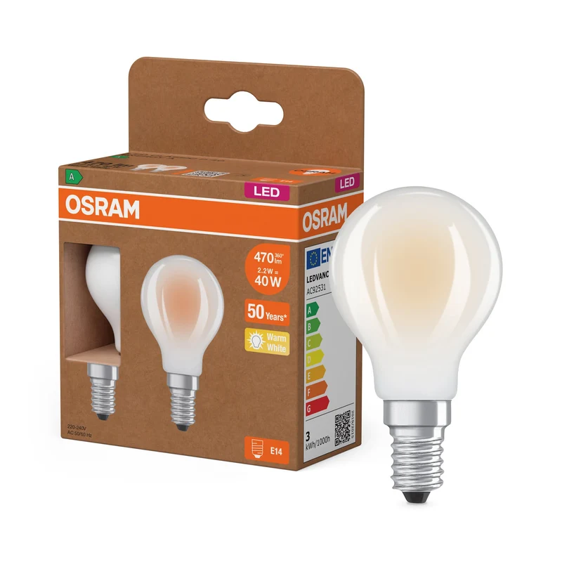 OSRAM LED Superstar Classic Lampada Opaca, 2.2W, 470lm, 45mm, Bianco Caldo, E14