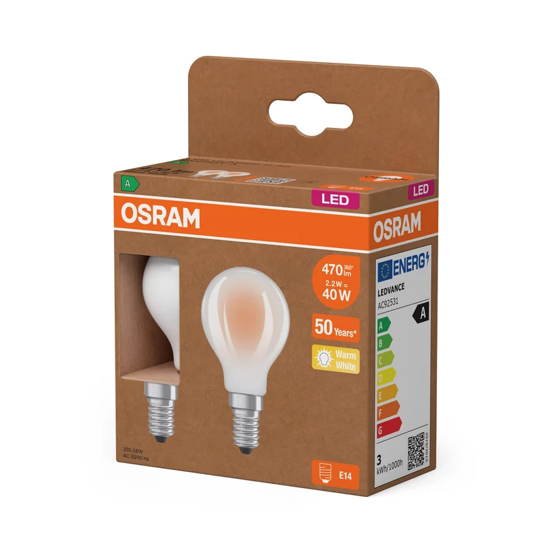 OSRAM LED Superstar Classic Lampada Opaca, 2.2W, 470lm, 45mm, Bianco Caldo, E14