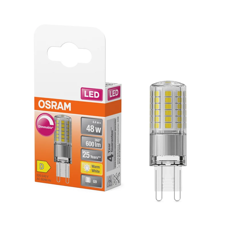 OSRAM LED- Lampadina a spina PIN Chiara, 4.4W, 600lm, G9, 18 mm, Bianco caldo