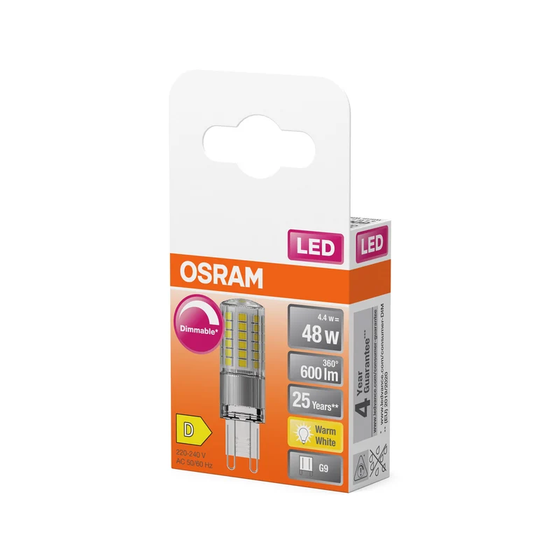 OSRAM LED- Lampadina a spina PIN Chiara, 4.4W, 600lm, G9, 18 mm, Bianco caldo
