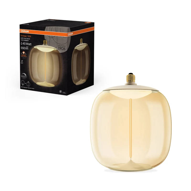 OSRAM Vintage 1906® Lampadina LED Grande Decorativa con Filamento - Stile Magnetico LED-Lampe Ambra, 12W, 550lm, dimmerabile, E27, Ovale, Bianco caldo comfort