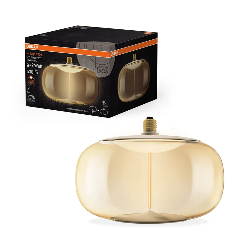 OSRAM Vintage 1906® Lampadina LED Grande Decorativa con Filamento - Stile Magnetico LED-Lampe Ambra, dimmerabile, 12W, E27, ELIPSE, Comfort bianco caldo