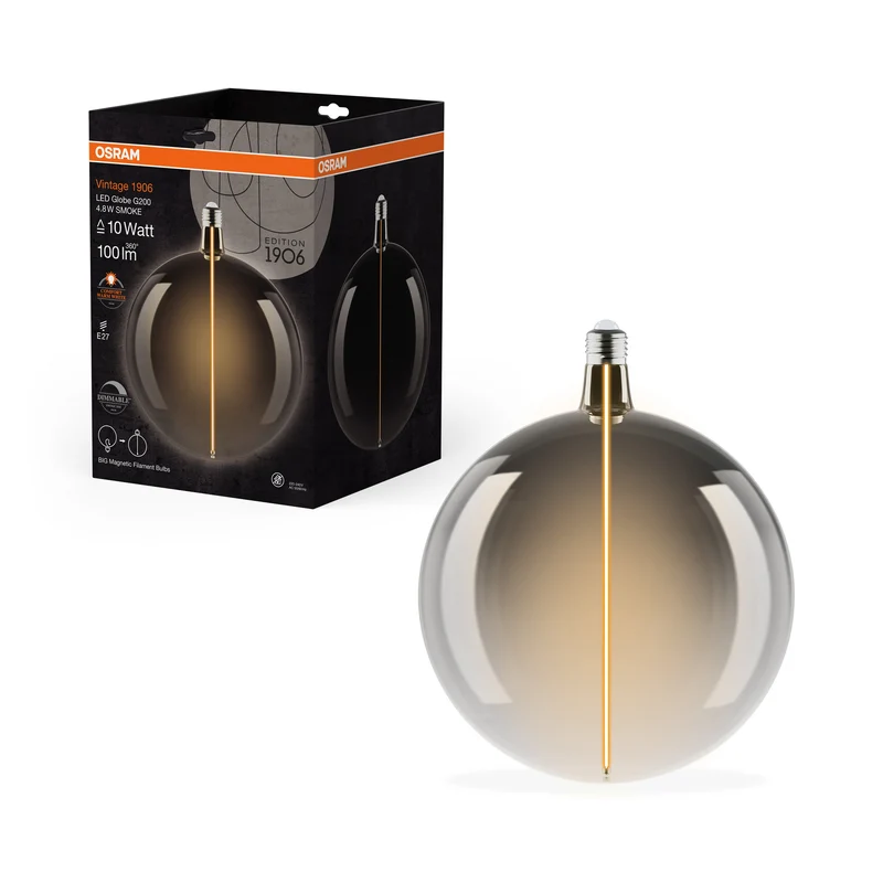 OSRAM Vintage 1906® Lampadina LED grande decorativa con filamento stile magnetico LED-Lampe Fumo, dimmerabile, 4.8W, E27, GLOBO, Comfort bianco caldo