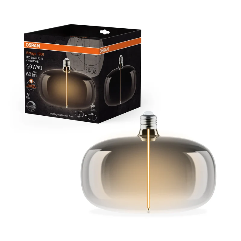OSRAM Vintage 1906® Lampadina LED Grande Decorativa con Filamento - Stile Magnetico LED-Lampe Fumo, dimmerabile, 4W, E27, ELIPSE, Comfort bianco caldo