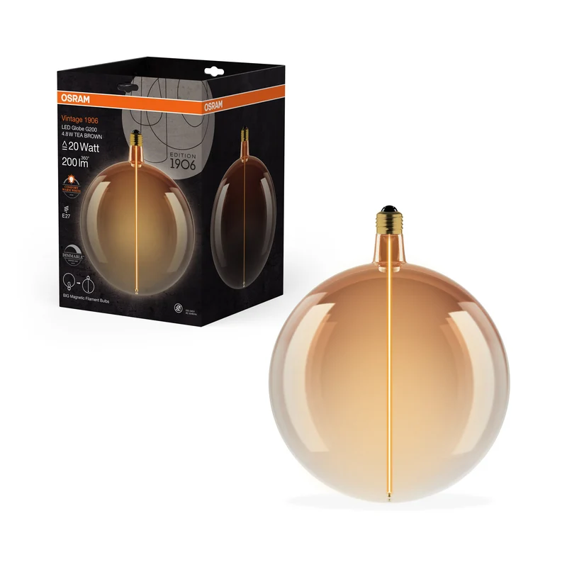 OSRAM Vintage 1906® Lampadina LED Grande Decorativa con Filamento Stile Magnetico LED-Lampe Tea Brown, dimmerabile, 4.8W, E27, Globo, Comfort bianco caldo