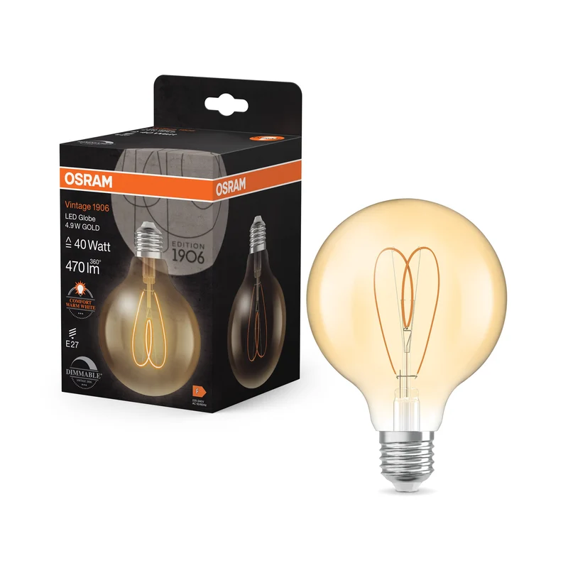 OSRAM Vintage 1906 Globo Lampadina LED Oro, 4.9W, 470lm, 95mm, Bianco caldo confortevole, E27