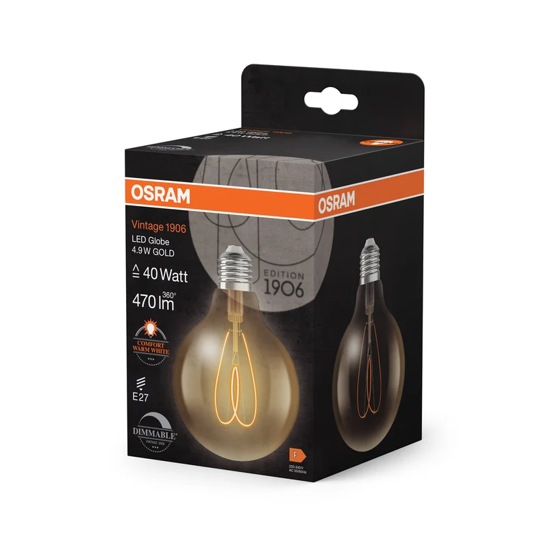 OSRAM Vintage 1906 Globo Lampadina LED Oro, 4.9W, 470lm, 95mm, Bianco caldo confortevole, E27