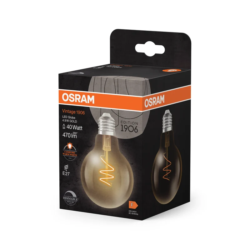 OSRAM Vintage 1906 Globo Lampadina LED Oro, 4.9W, 470lm, 2200K, Bianco caldo comfort, E27