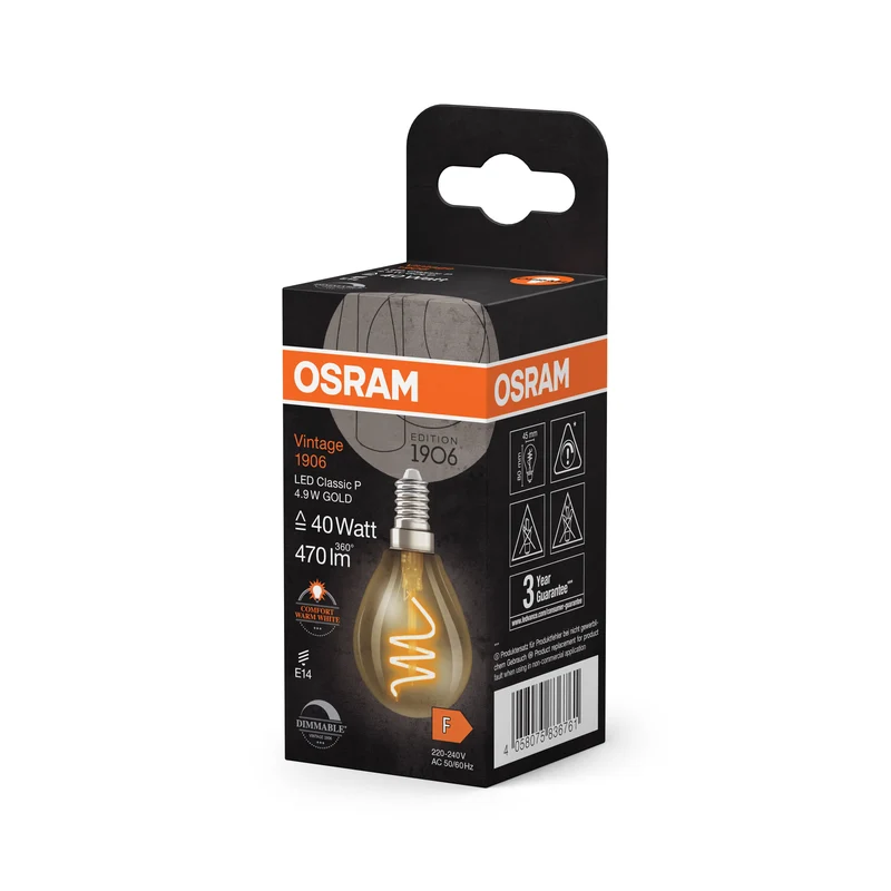 OSRAM Vintage 1906 Classica Lampada LED Oro, 4.9W, 470lm, E14, Comfort bianco caldo