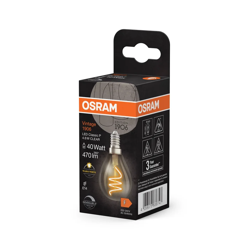 OSRAM Vintage 1906 Classica Lampadina LED Chiara, 4.6W, 470lm, E14, Bianco Caldo