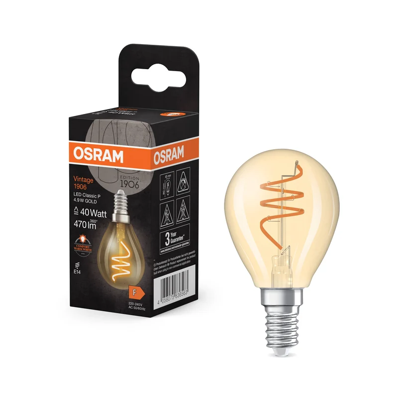 OSRAM Vintage 1906 Classica Lampadina LED Oro, 4.9W, 470lm, 45mm, Comfort bianco caldo, E14