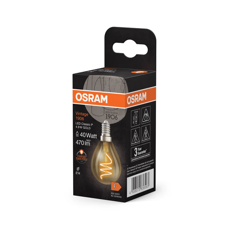 OSRAM Vintage 1906 Classica Lampadina LED Oro, 4.9W, 470lm, 45mm, Comfort bianco caldo, E14