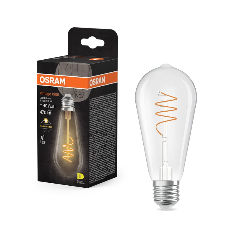 OSRAM Vintage 1906 Edison Lampadina LED Chiara, 3.4W, 470lm, E27, Bianco caldo