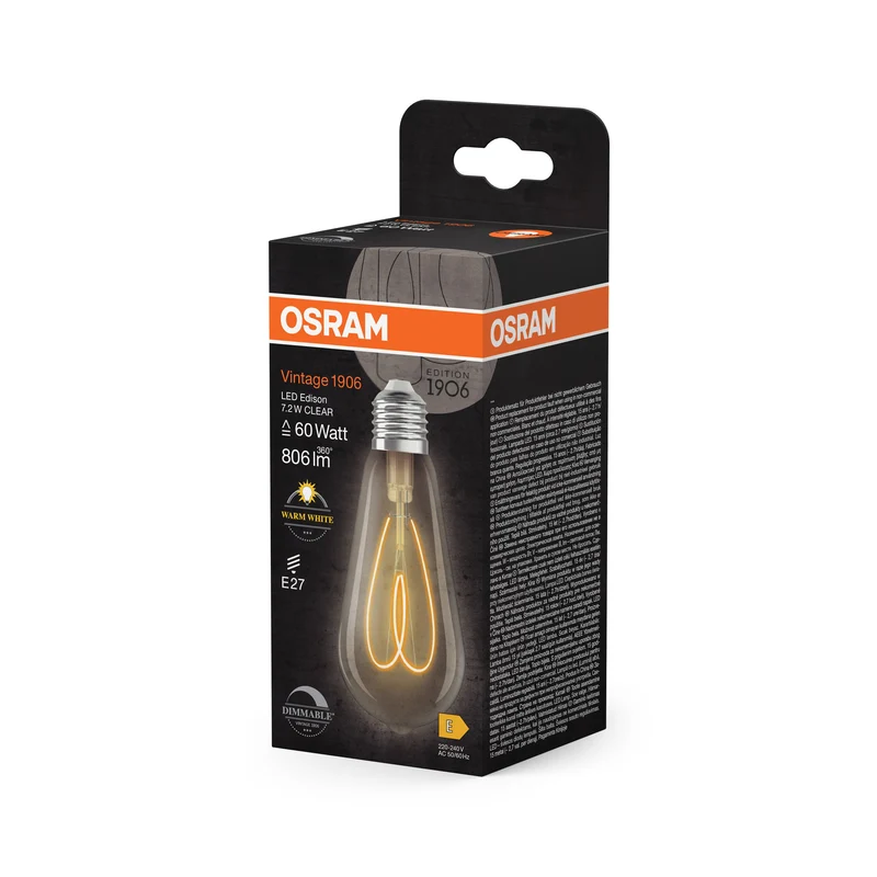OSRAM Vintage 1906 Edison Lampadina LED Chiara, 7.2W, 806lm, E27, Bianco caldo