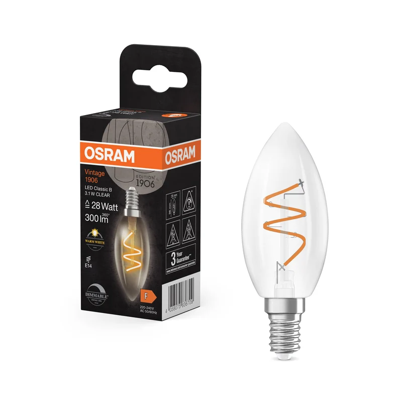 OSRAM Vintage 1906 Classica Lampadina LED Chiara, 3.1W, 300lm, E14, Bianco Caldo
