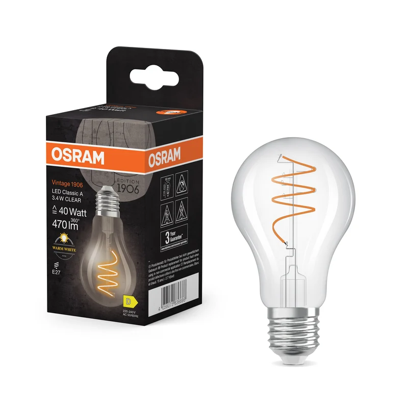 OSRAM Vintage 1906 Classica Lampadina LED Chiara, 3.4W, 470lm, E27, Bianco Caldo