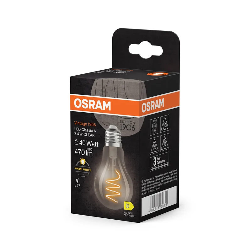 OSRAM Vintage 1906 Classica Lampadina LED Chiara, 3.4W, 470lm, E27, Bianco Caldo