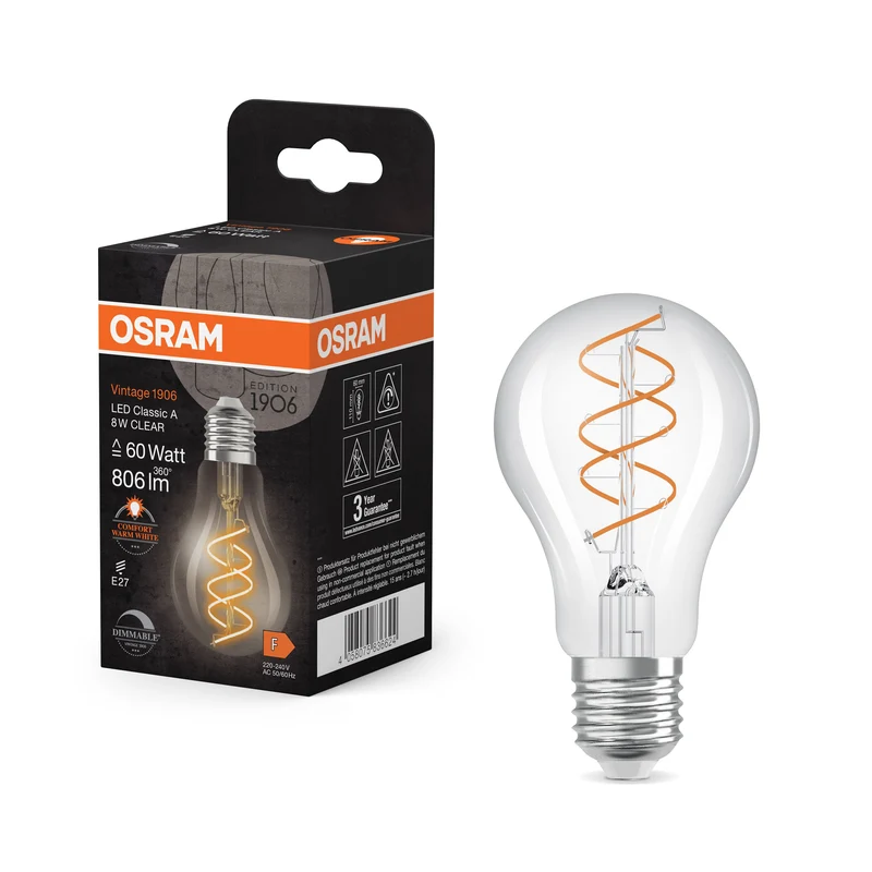 OSRAM Vintage 1906 Classica Lampadina LED Chiara, 8W, 806lm, E27, Comfort bianco caldo