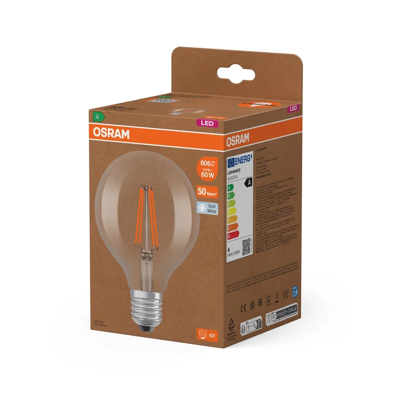 OSRAM LED Superstar Classic Globe Lampada Chiara, 3.8W, 806lm, Bianco Freddo, E27