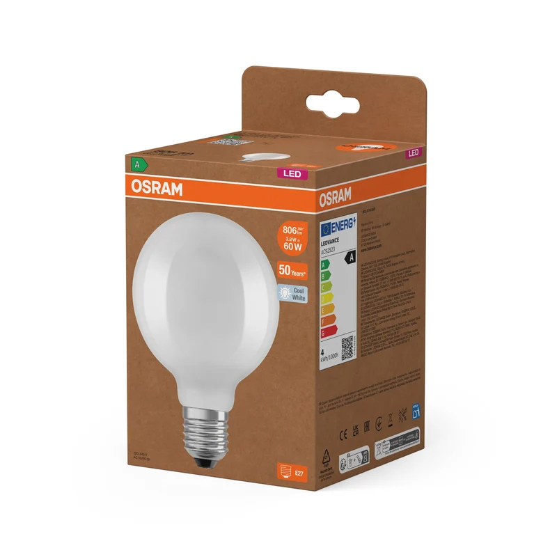 OSRAM LED Superstar Classic Globe Lampada Opaca, 3.8W, 4000K, Bianco Freddo, E27