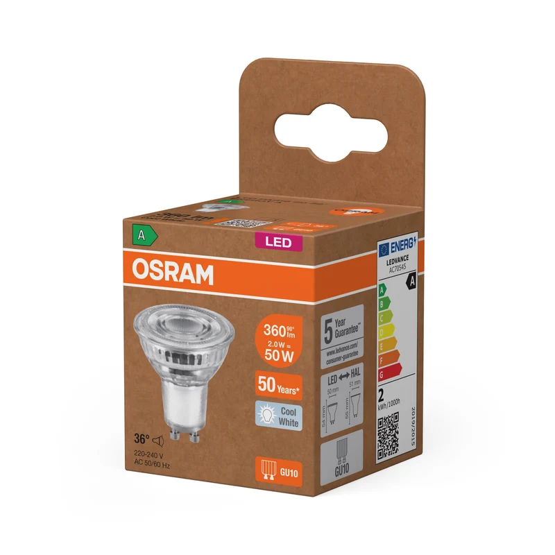 OSRAM Classe Energetica Lampada LED Riflettore, 2W, 360lm, EEK A, Bianco Freddo, GU10