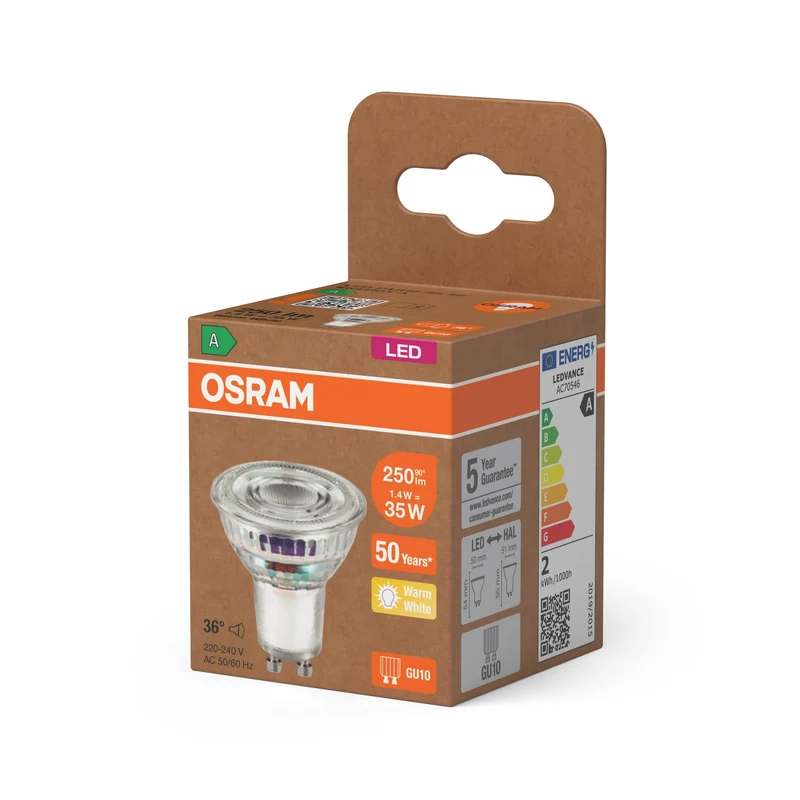OSRAM Classe Energetica Lampada LED Riflettore, 1.3W, 240lm, GU10, Bianco Caldo