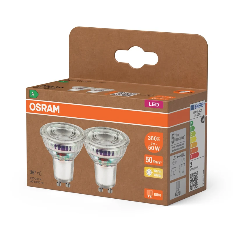 OSRAM Classe Energetica Lampada LED Riflettore, 2W, 360lm, GU10, Bianco Caldo