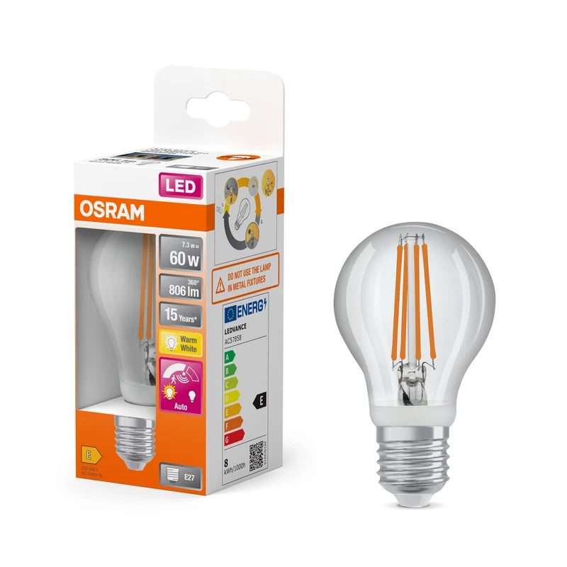 OSRAM LED Star Classic lampada con sensore, 7.3W, chiara, E27, bianco caldo