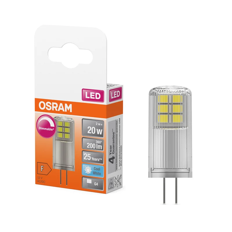 OSRAM lampadina LED a spillo PIN 20, 320°, DIM, 2W, 840, chiaro, G4, bianco freddo