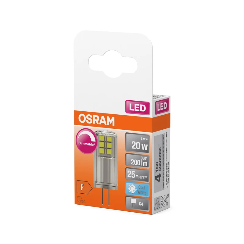 OSRAM lampadina LED a spillo PIN 20, 320°, DIM, 2W, 840, chiaro, G4, bianco freddo