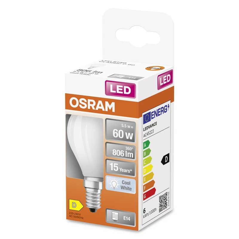 OSRAM LED Star Classic Lampada, Miniball, 5.5W, 806lm, Opalina, Bianco freddo, E14