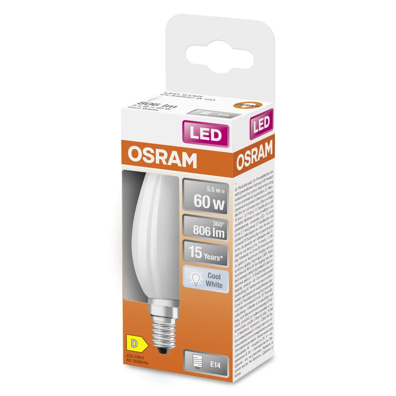 OSRAM LED Star Classic Lampada, Candela piccola, 5.5W, Opalina, E14, Bianco freddo